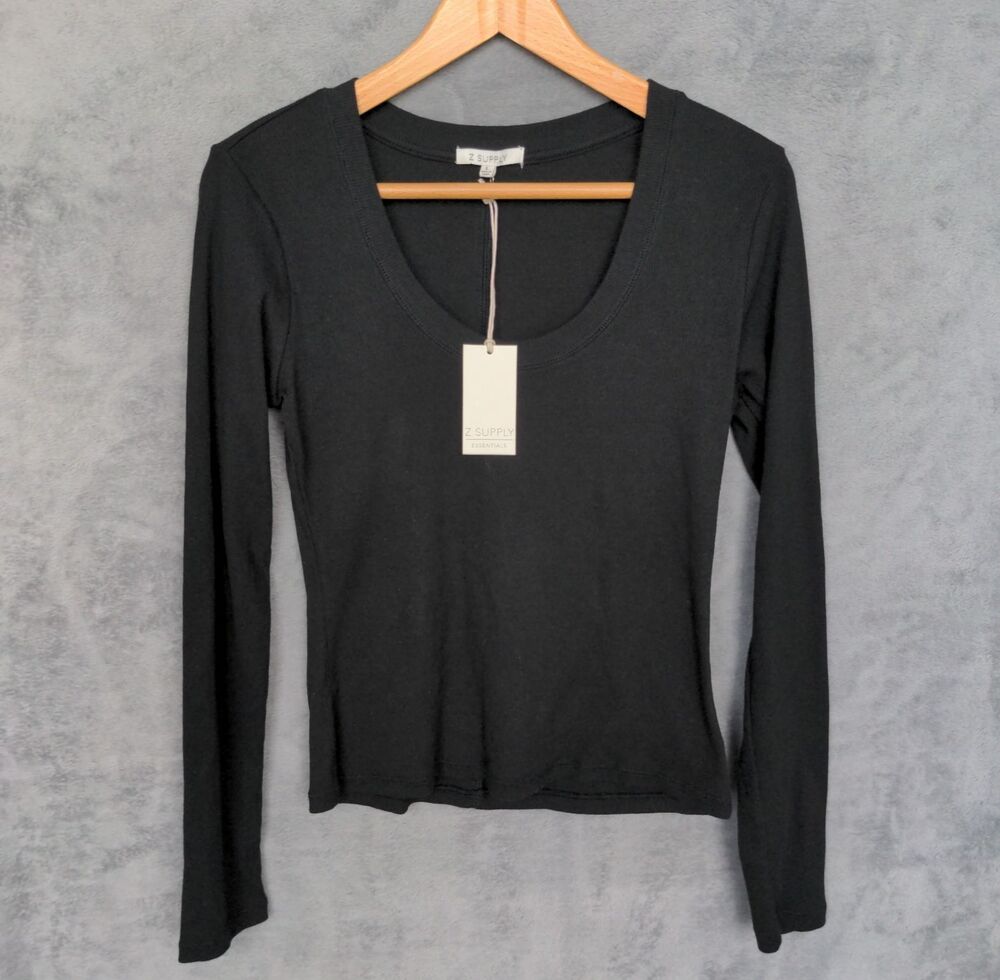 NWT Z Supply Sirena Rib Long Sleeve T Shirt Women's Large Black Micro Ribbed